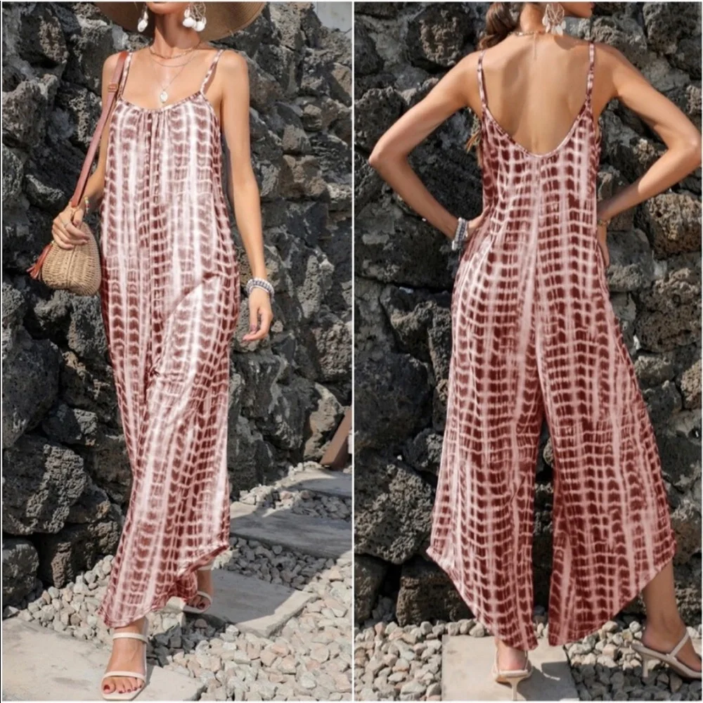 Boho Tie Dye Wide Leg Pants Pocket Jumpsuit - Picture 1 of 11